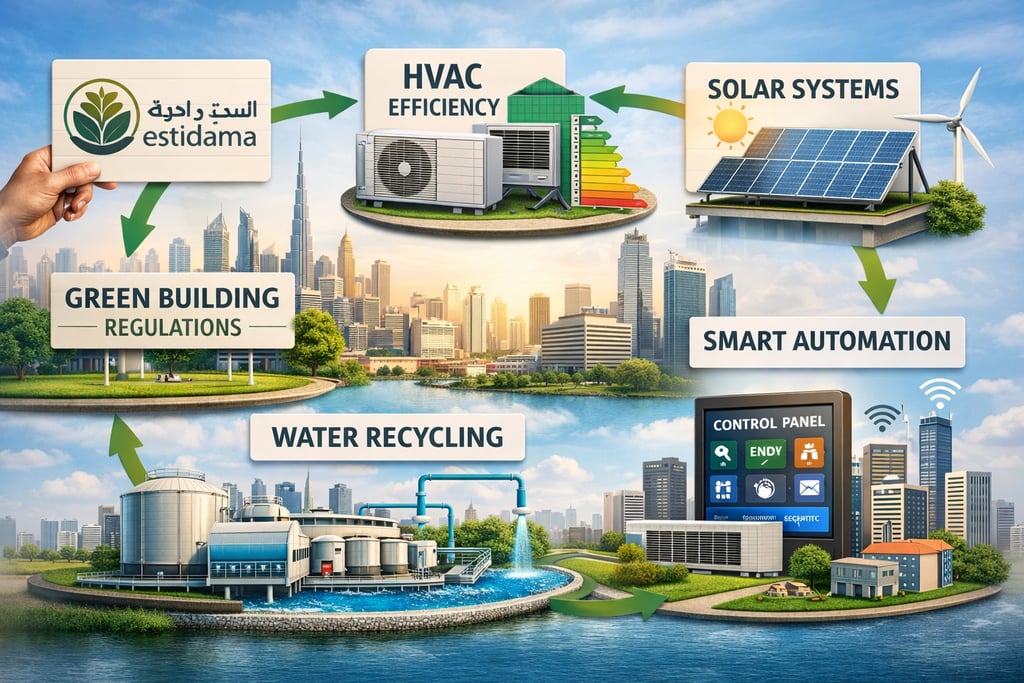 sustainable construction in uae showing estidama solar systems hvac efficiency and smart automation