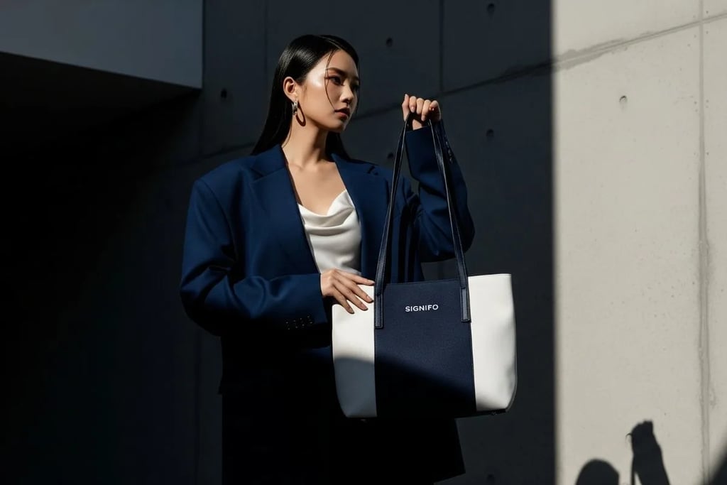 Hasil jadi panduan DIY: Tote bag stylish dari kanvas SIGNIFO yang dipegang oleh seorang model.