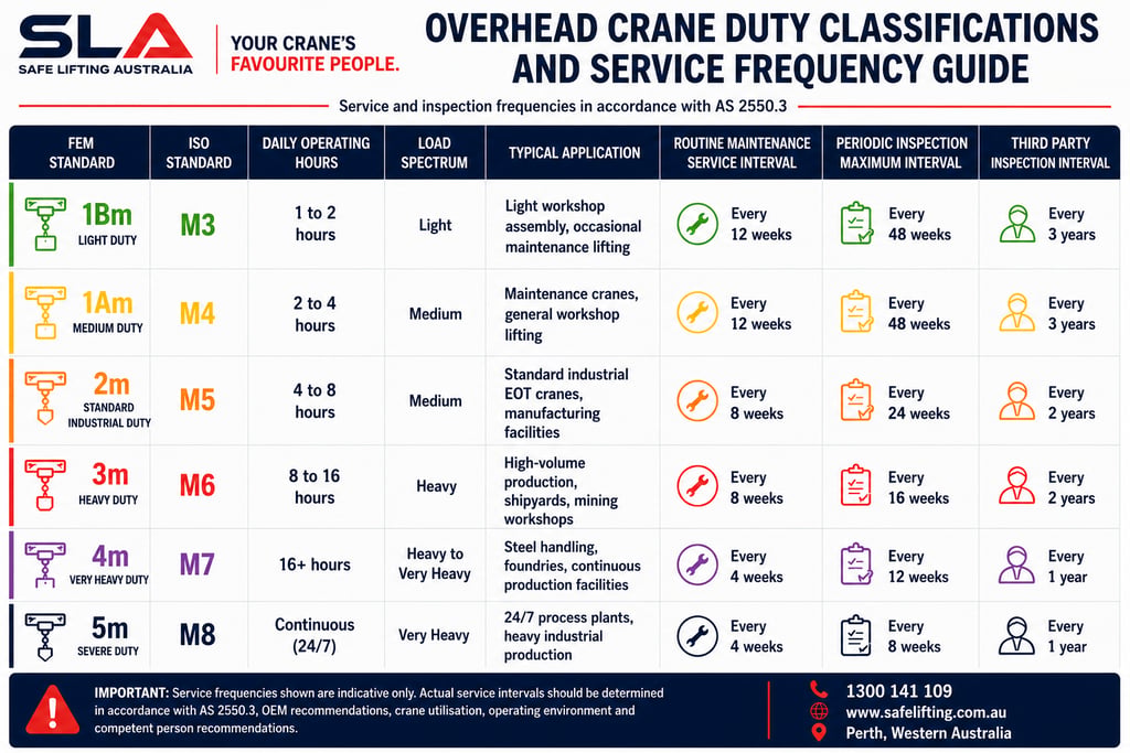 Overhead crane duty classifications showing FEM and ISO classes, service frequencies, periodic inspe