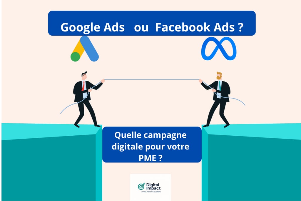 Illustration comparant Google Ads et Facebook Ads pour choisir la bonne campagne digitale PME