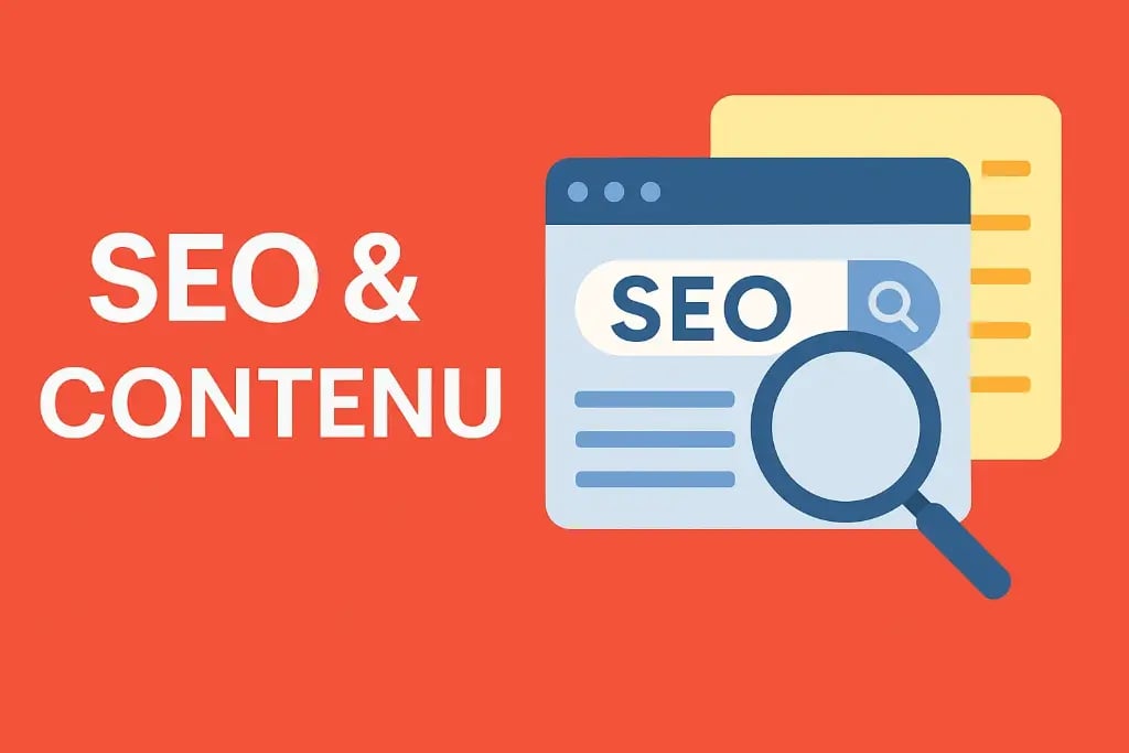 Illustration du lien entre SEO et contenu stratégique : des icônes de rédaction, de recherche. 