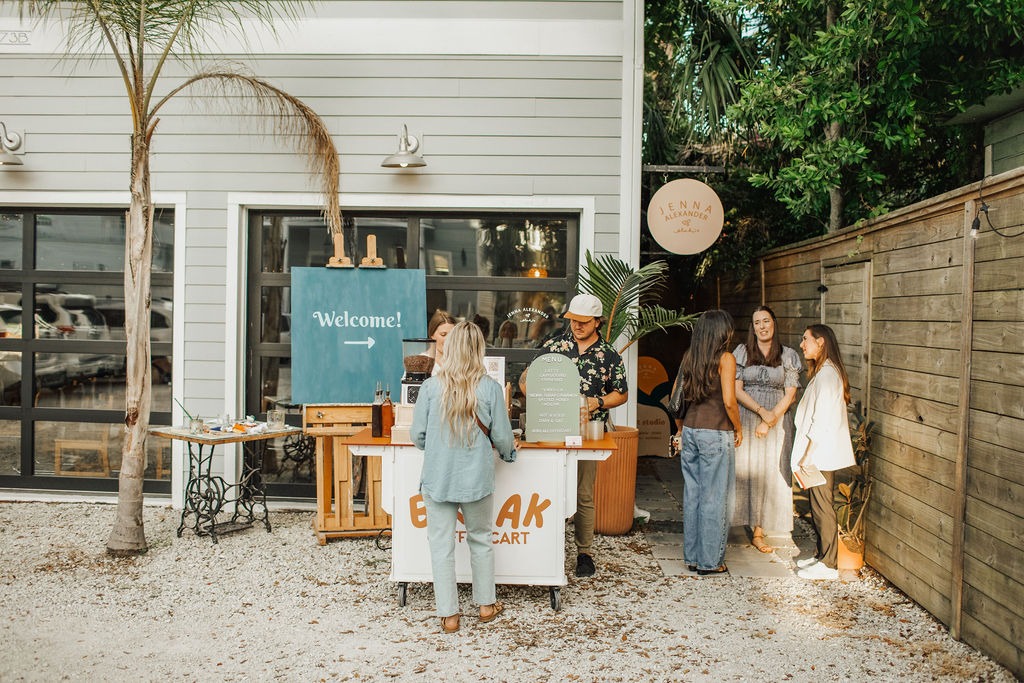 Guests enjoying break coffee cart in front of Jenna Alexanders studio