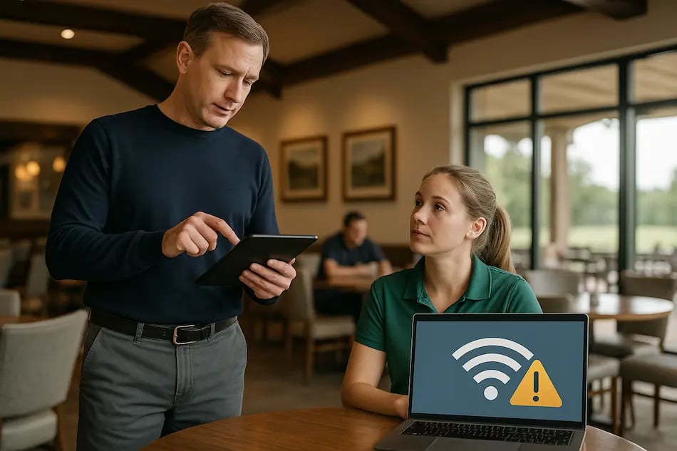 IT technician assisting a golf club staff member with Wi-Fi issues in the clubhouse