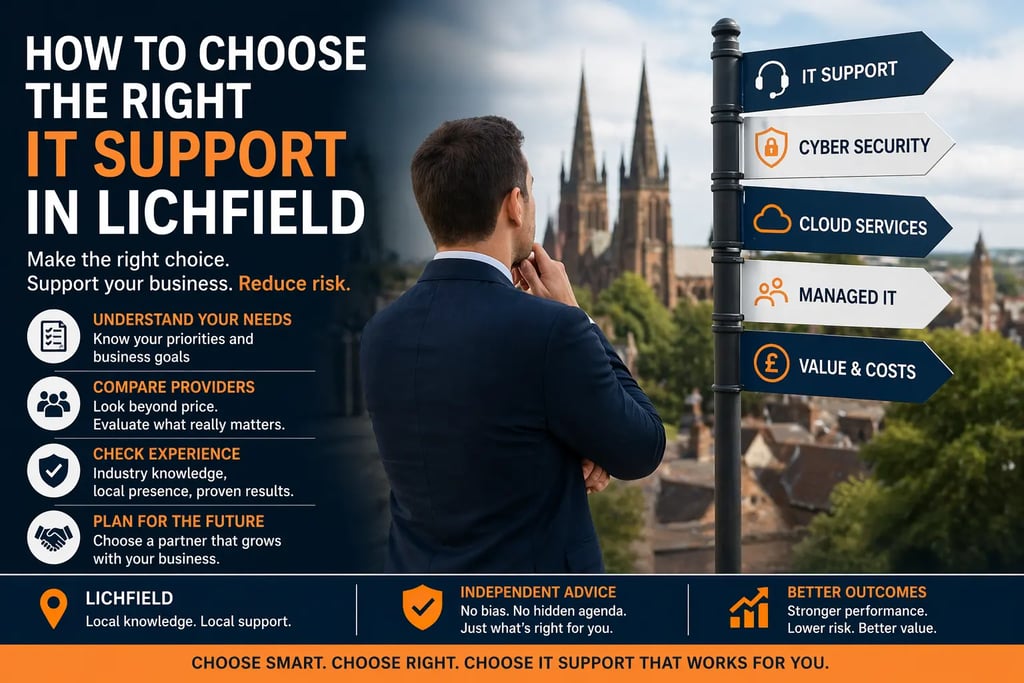 Professional evaluating IT support options in Lichfield with multiple providers