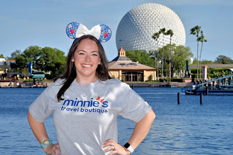 Katie Heck pictured in front of Spaceship Earth at EPCOT®.