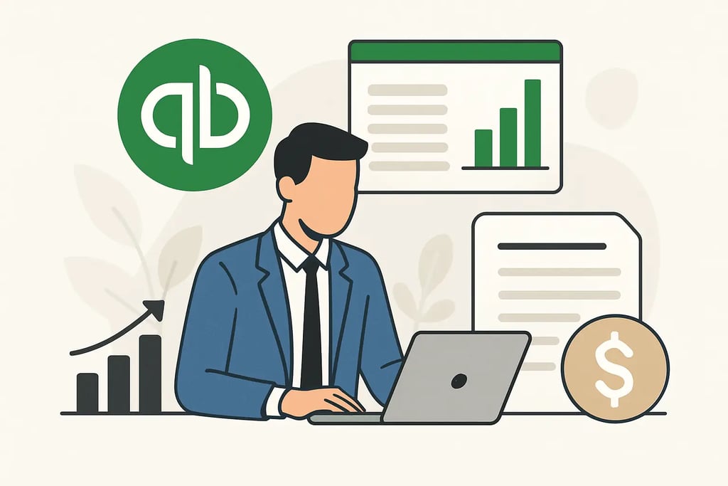A businessman using a laptop for QuickBooks accounting with financial charts and dollar symbols.