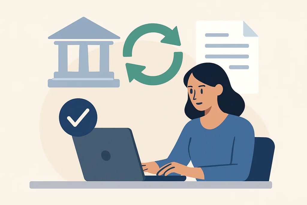 A woman using a laptop for online banking and digital document synchronization.