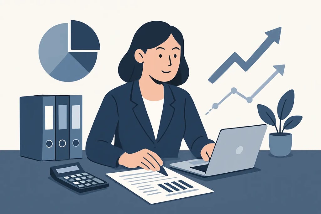 a woman sitting at a desk with a laptop and a calculator