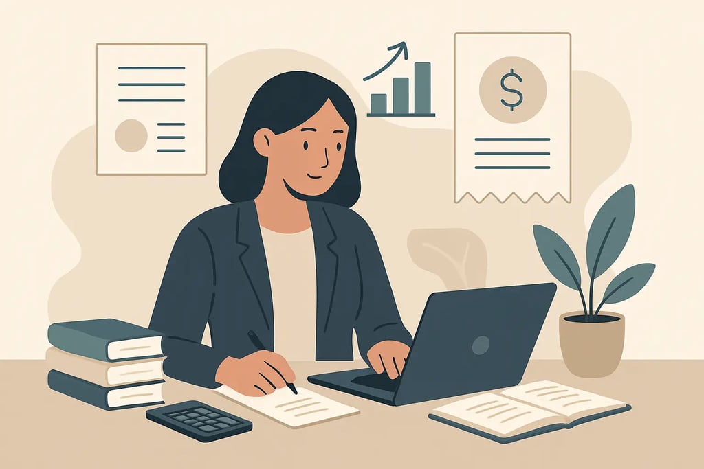 A professional woman analyzing financial data on a laptop while managing business accounting and growth charts.