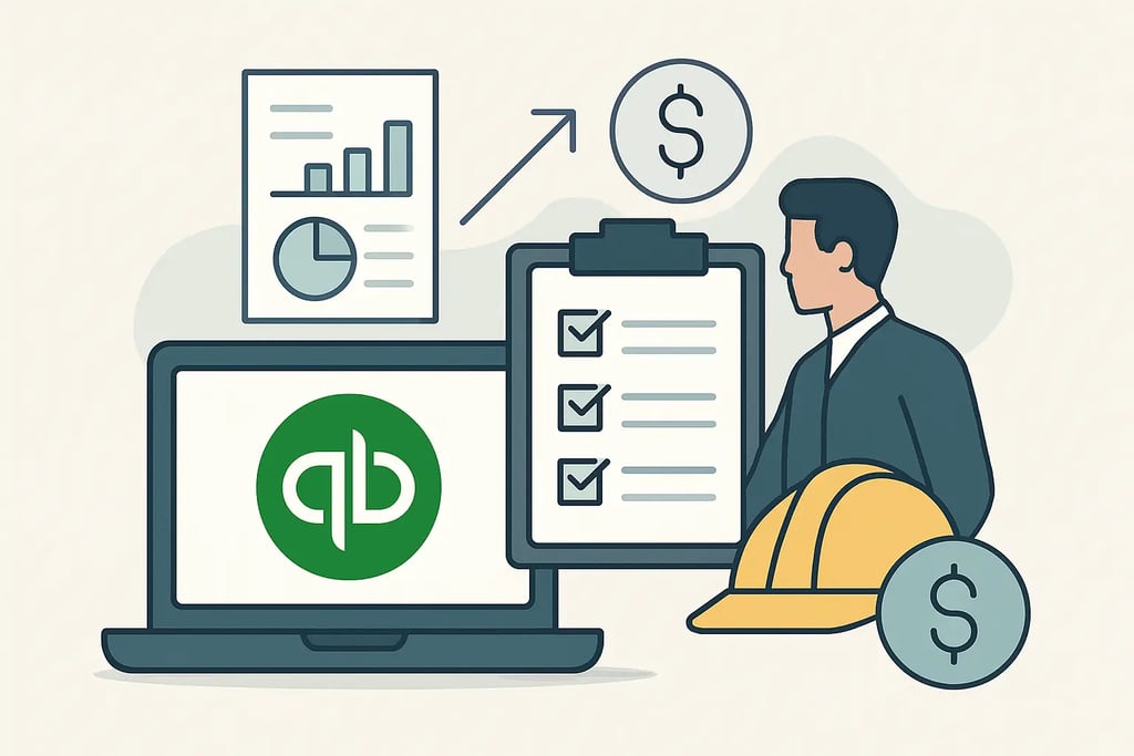 Project manager tracking construction costs and payroll using QuickBooks accounting software on a laptop.