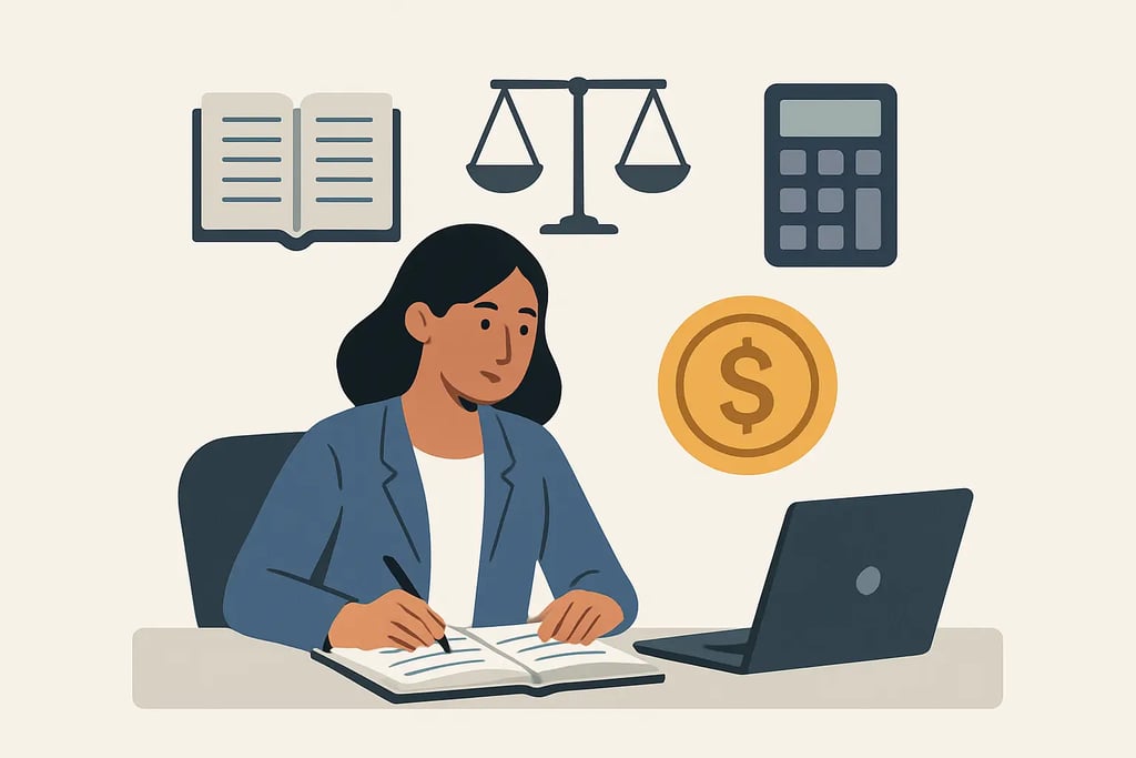 Professional woman accountant using a laptop with calculator and scales icons.