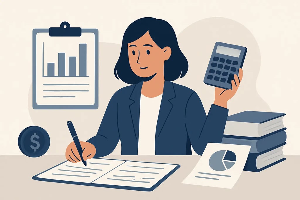 Professional female accountant managing financial budget with a calculator and data charts.