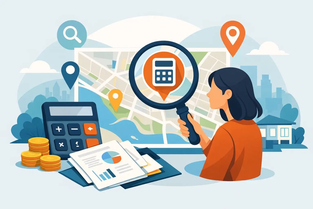 Woman using a magnifying glass to calculate costs on a map with data charts.