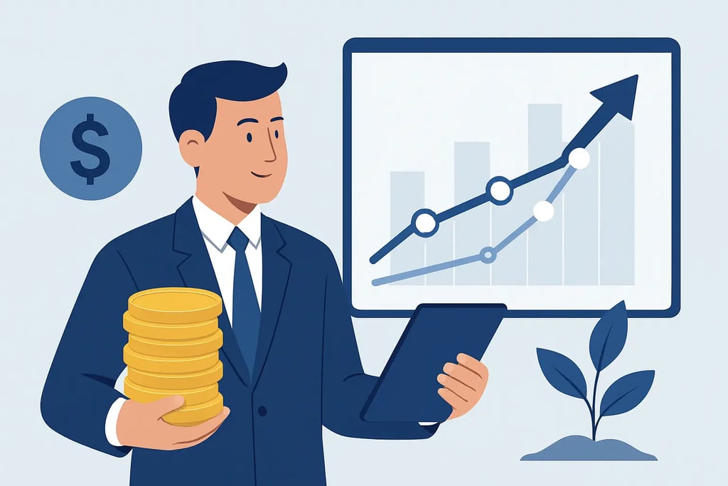 Businessman holding gold coins next to a rising financial growth chart and plant.