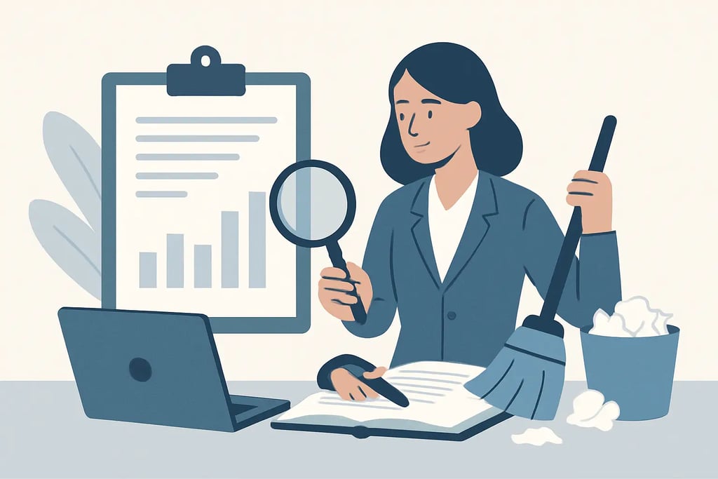 Professional woman performing data cleaning and audit using a magnifying glass and broom.