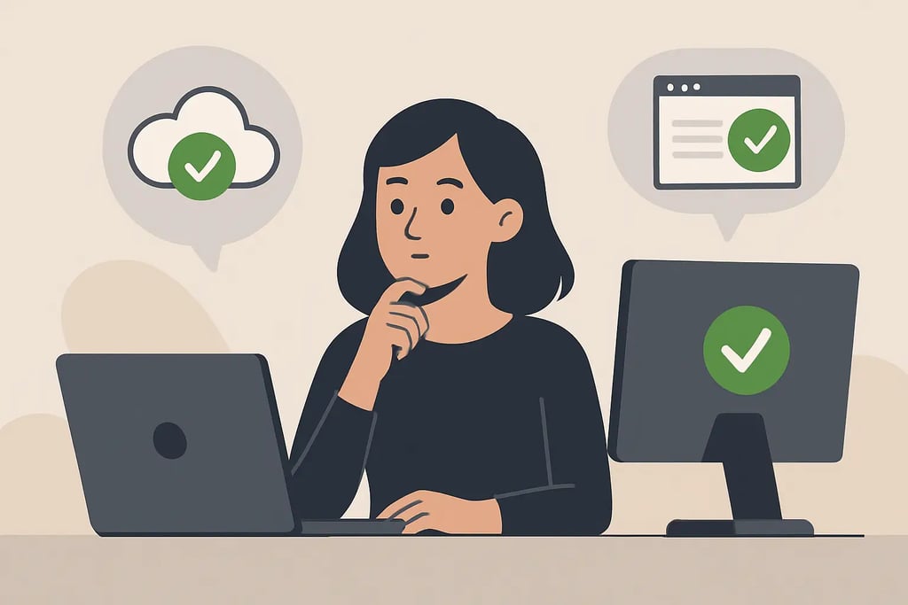 A woman working on a laptop and monitor with green check marks indicating successful cloud data backup.