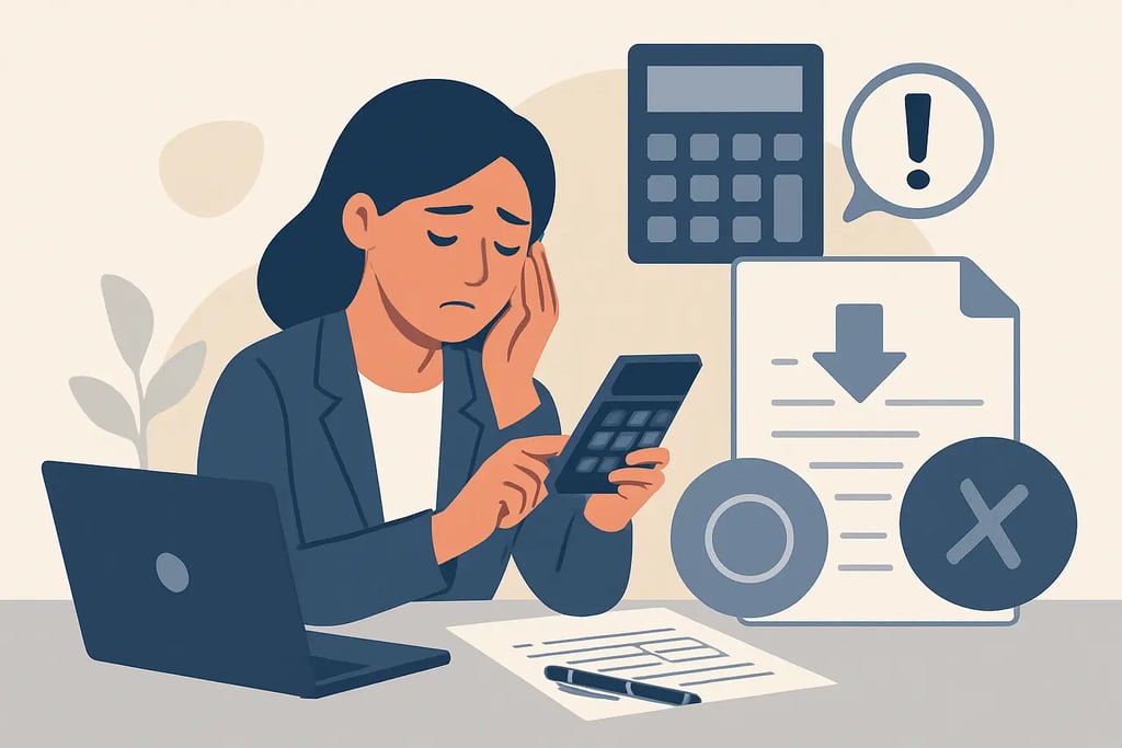 A stressed woman using a calculator and laptop for financial planning and debt management.