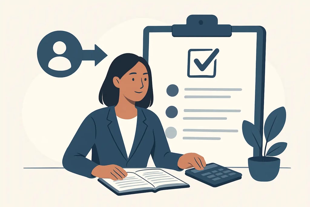 A professional woman performing a recruitment task with a checklist and candidate icon.