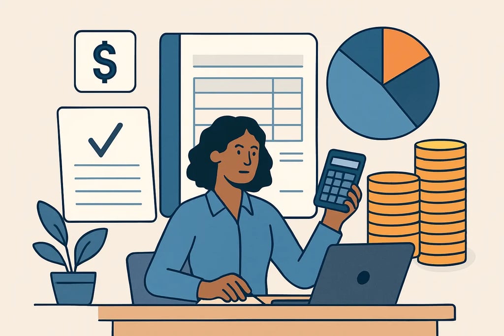 Professional accountant managing budget with a calculator, laptop, and financial data charts.