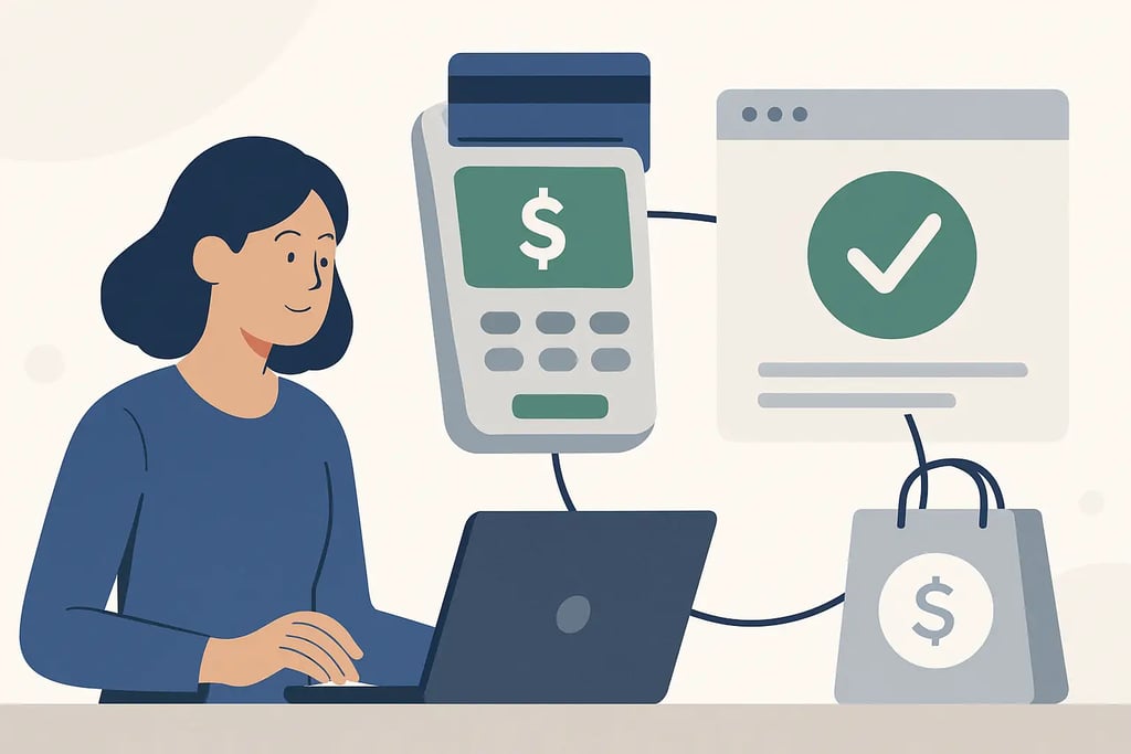 A woman using a laptop to complete a secure online payment with a digital card reader and shopping bag.