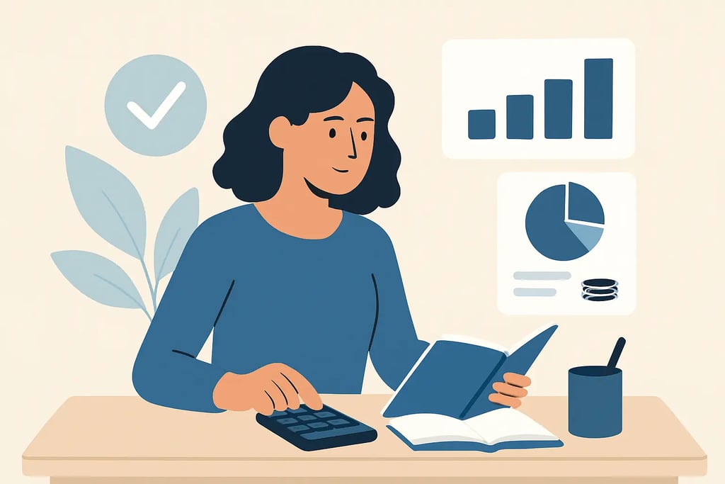 Professional accountant managing financial data with a calculator, notebook, and business charts.