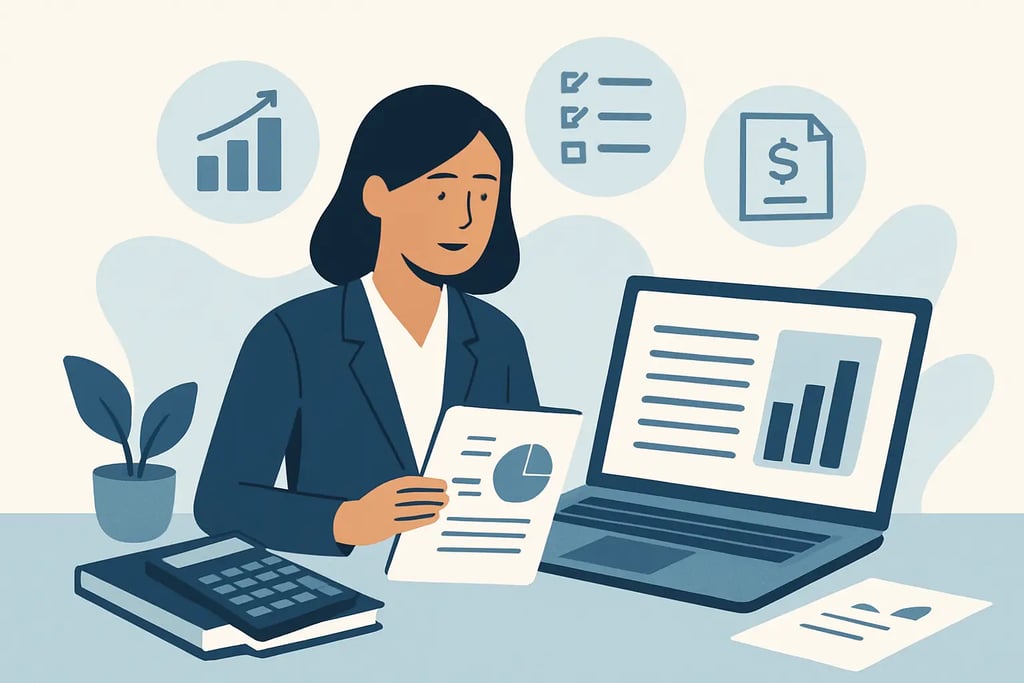 Professional woman analyzing business data reports and financial charts on a laptop and paper.