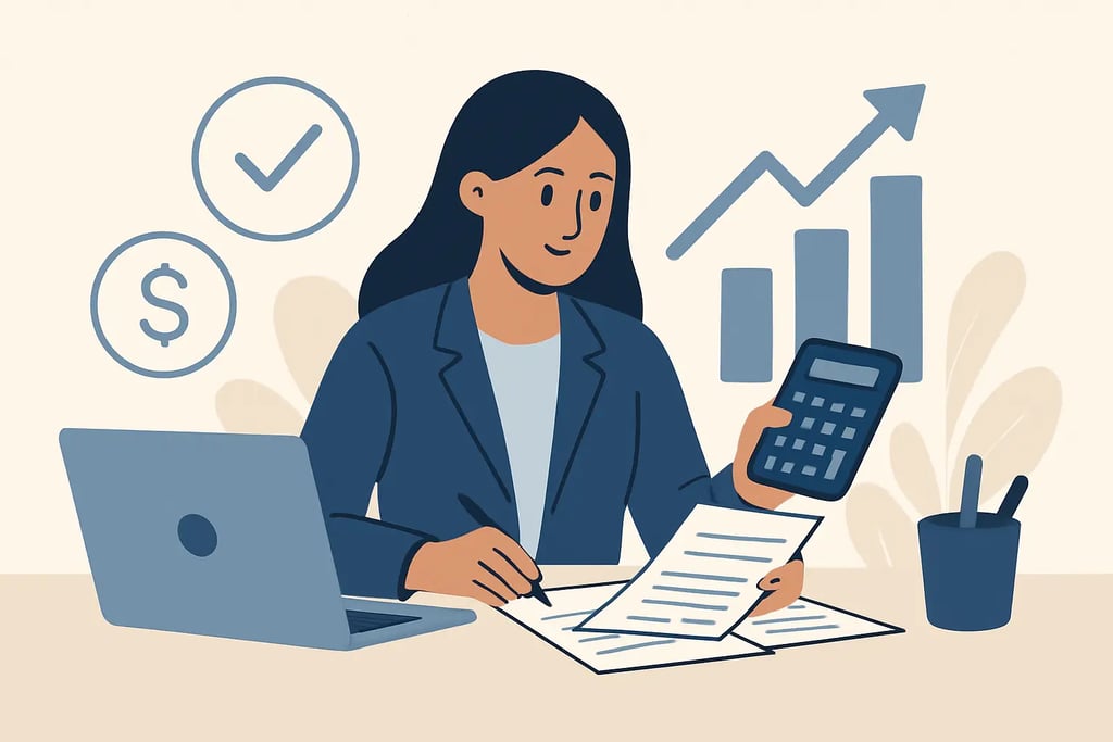 Professional woman performing financial analysis with a laptop, calculator, and growth charts.