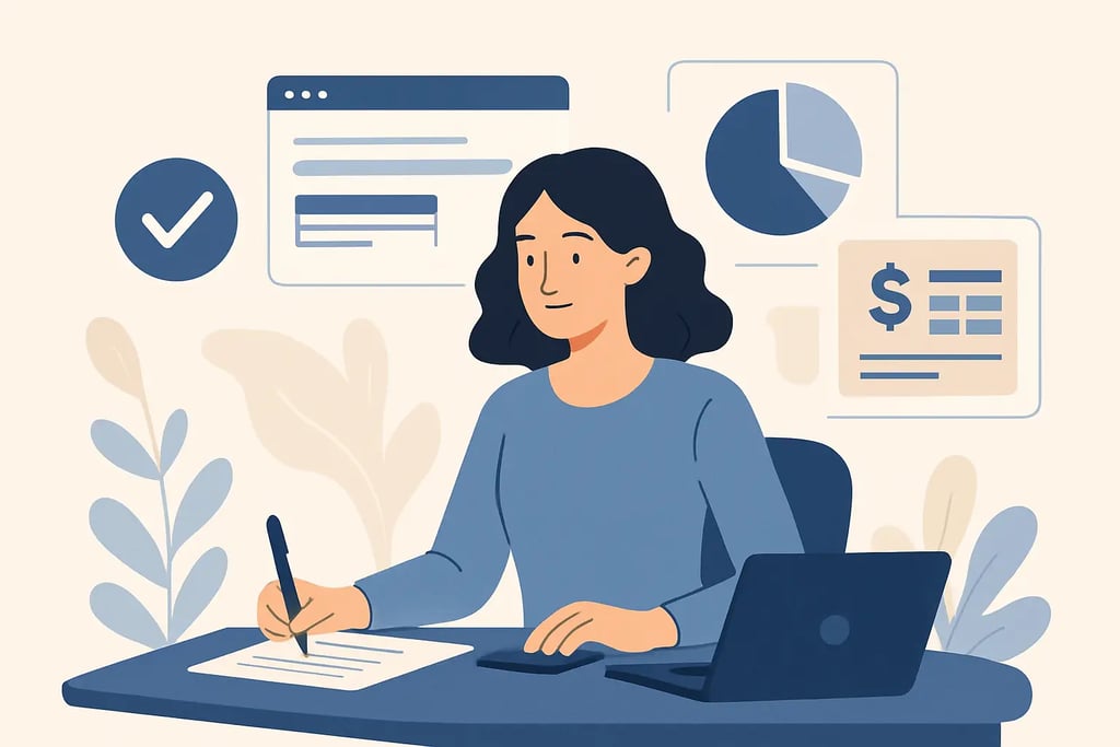 A woman managing business finances and data analysis with a laptop, charts, and reports.