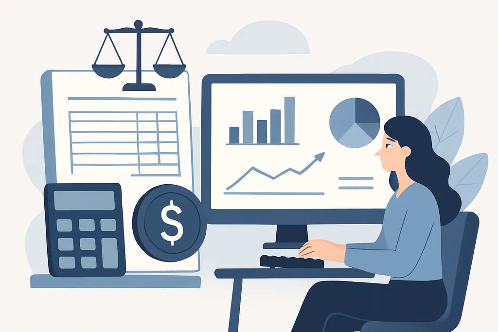 Accountant woman analyzing financial data and legal compliance on a computer with charts and scales.