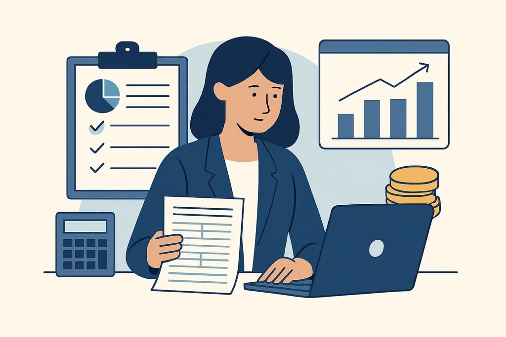 A female financial professional reviewing business growth charts and data reports on a laptop.