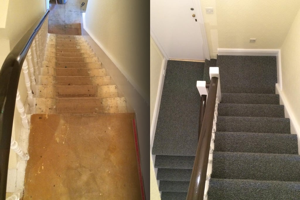Before and after of a Brighton home staircase renovation featuring new dark grey carpet installation.