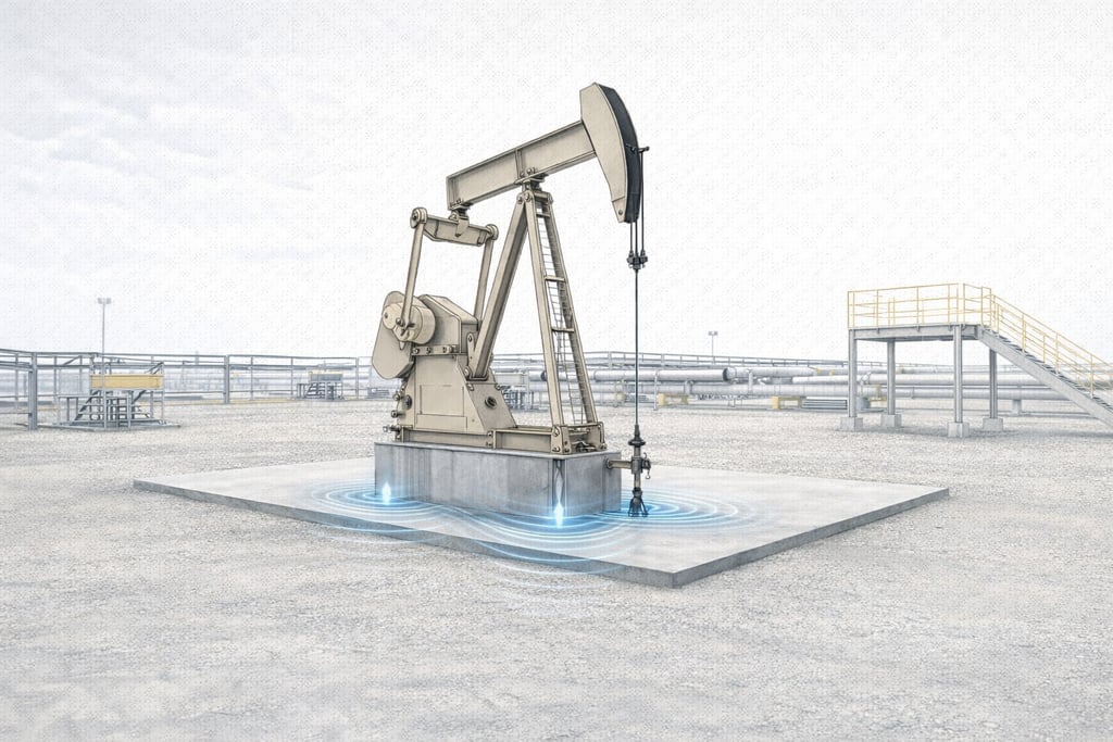 Oil extraction pump with artificial lift system on concrete slab in an industrial facility.