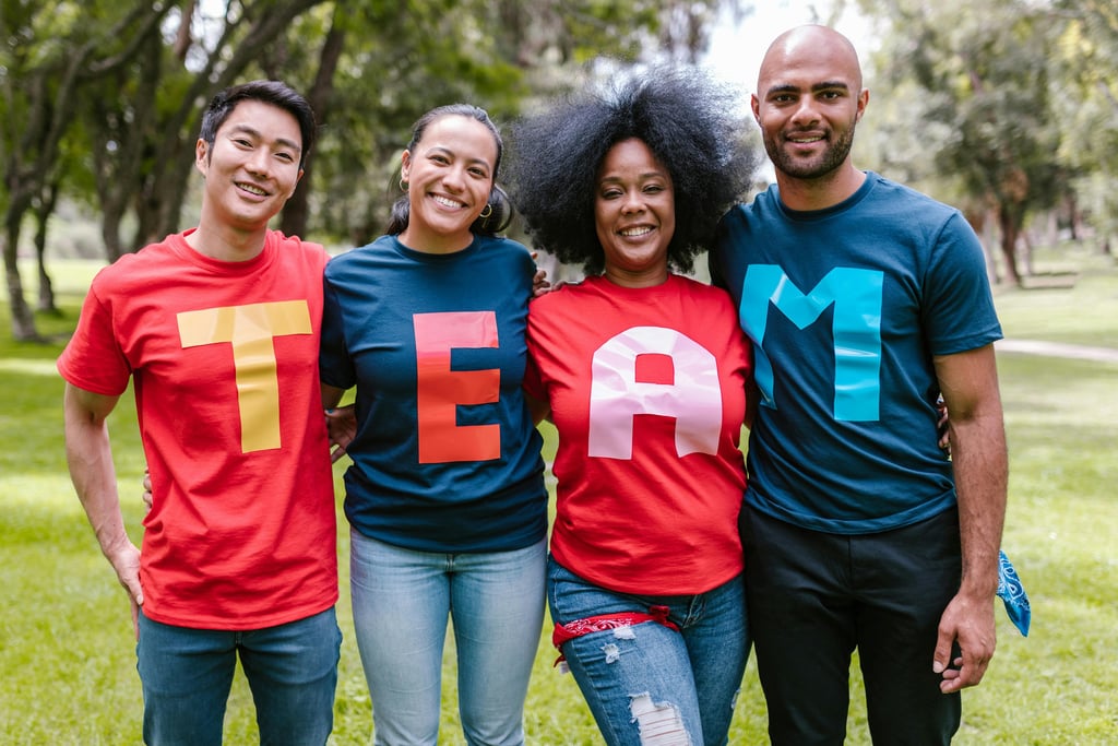 Family with TEAM printed T-shirts