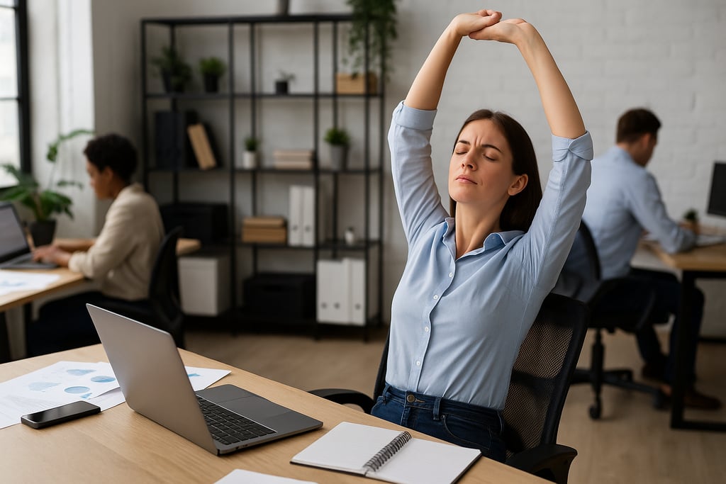 Mujer joven sentada en una oficina moderna simbolizando una pausa consciente en medio de una jornada laboral eficiente