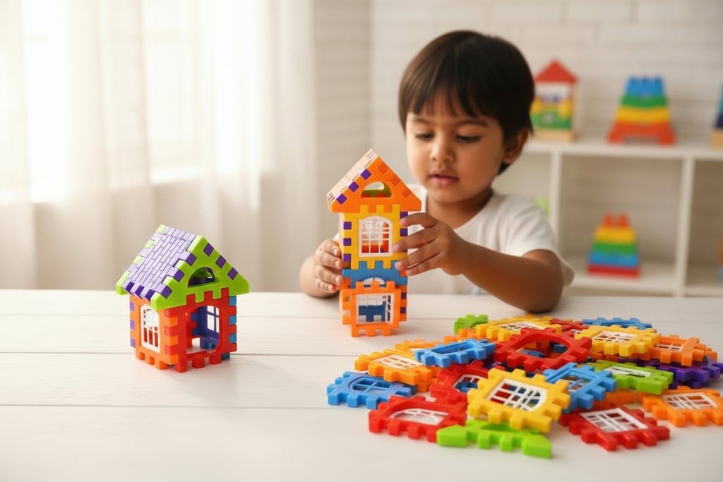 Young child playing with colorful House building blocks creating toy houses on a white table.