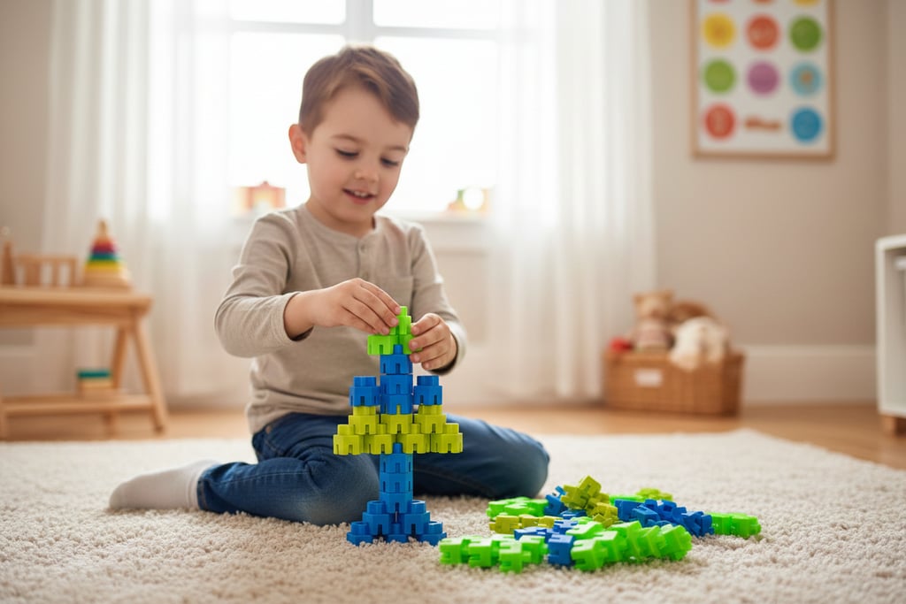 A young boy sits on a rug building a blue and green tower with interlocking Hexa blocks.