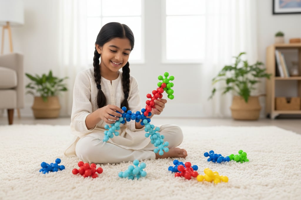 Young girl playing with colorful starlink blocks on a rug, promoting creative STEM learning.