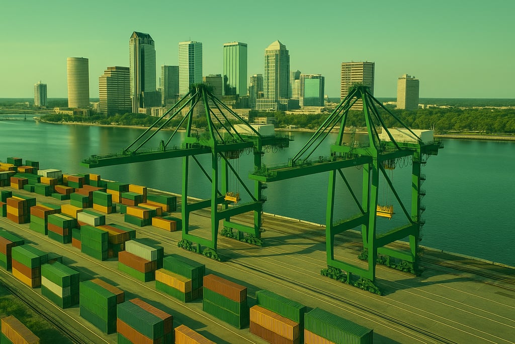 Aerial view of Port Tampa Bay container cranes and Tampa skyline, highlighting growing waterfront in