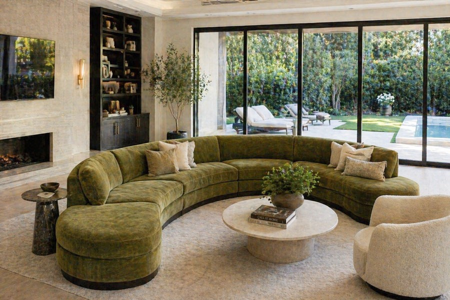 Custom curved banquette seating in a modern living space by Solo Home Decor
