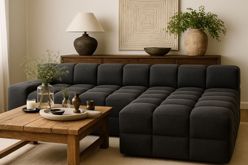 Oversized dark gray cube sectional in a warm modern living room with rustic wood coffee table, sideboard, and earthy decor by