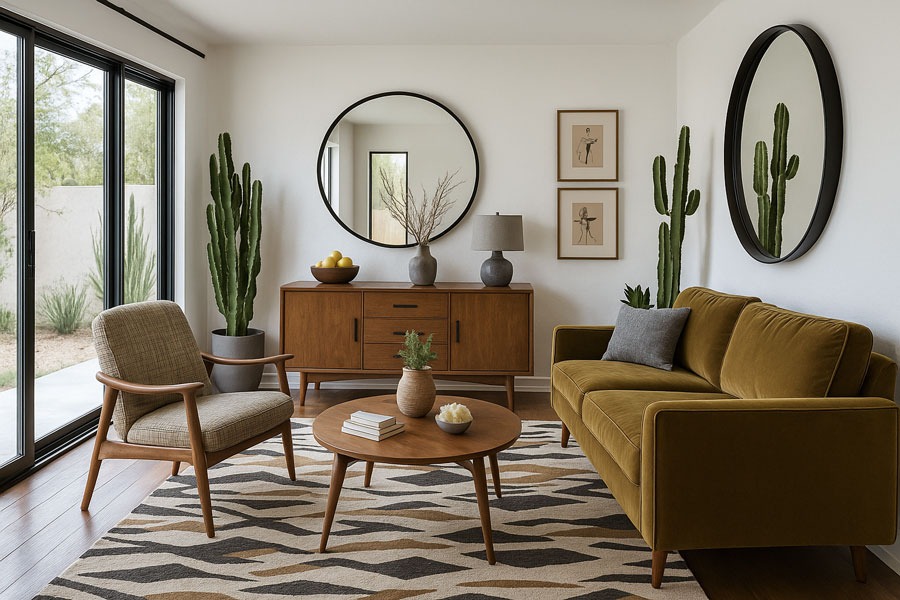 Mid-century room with olive sofa, wood chair, round mirror, credenza, cacti, and zigzag rug.