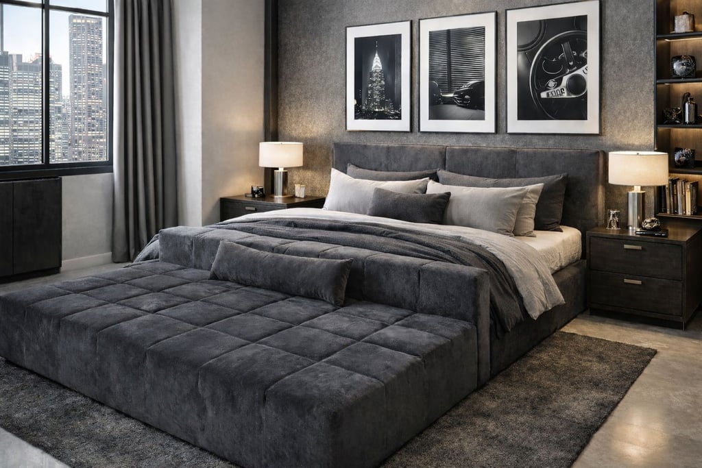 Custom gray upholstered bed frame with wall panels and bedroom bench by Solo Home Decor