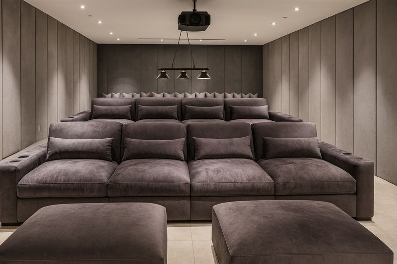 Private home theater with tiered dark gray velvet chaise lounges, custom wall panels, and modern lighting by Solo Home Decor.