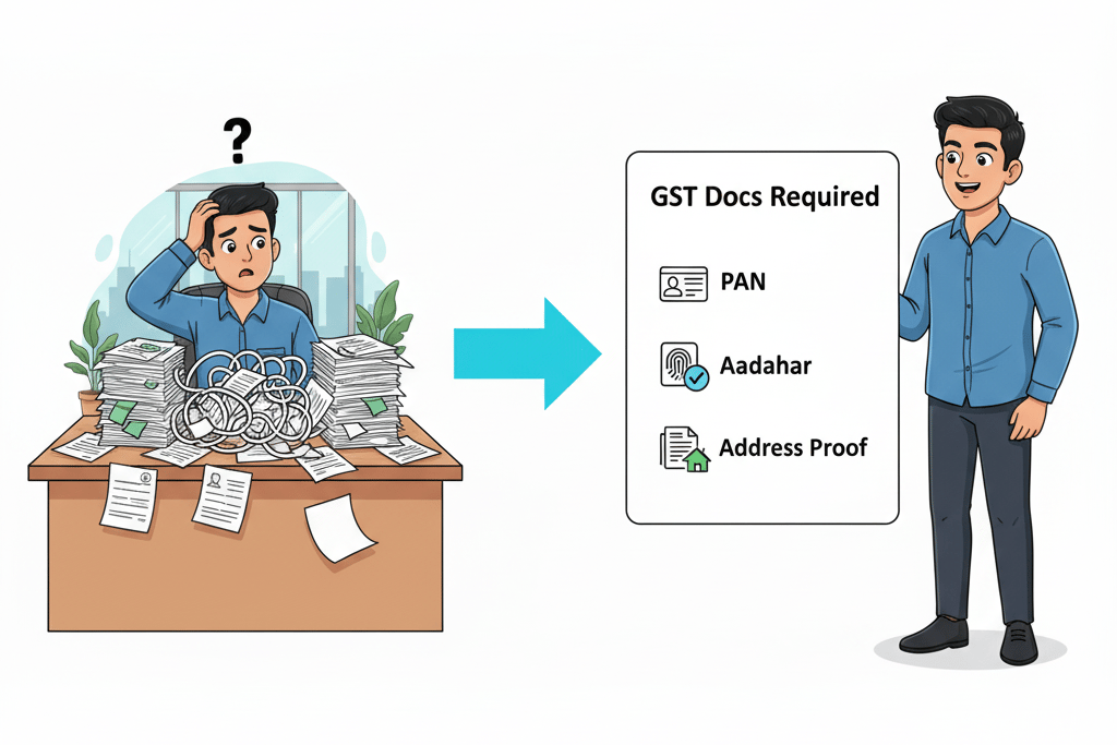 a man in a blue shirt is standing in front of a desk with a pile