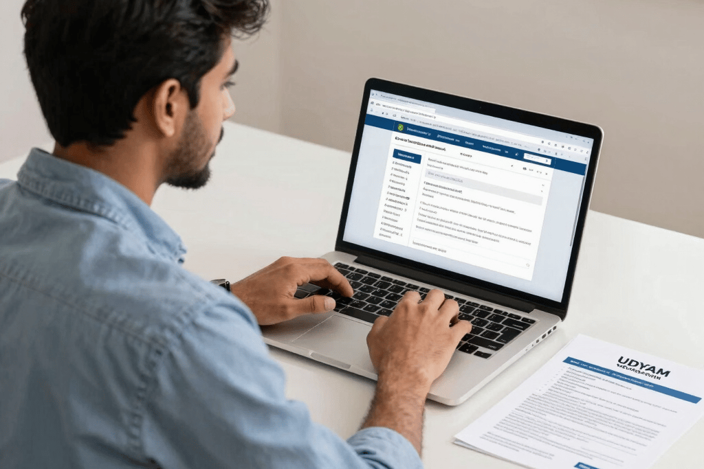 A man using a laptop to complete an online Udyam Registration for a small business application.