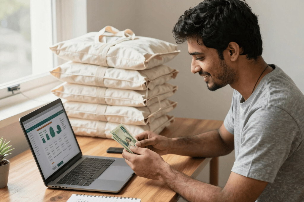 A happy entrepreneur counting cash while managing his online business inventory on a laptop.