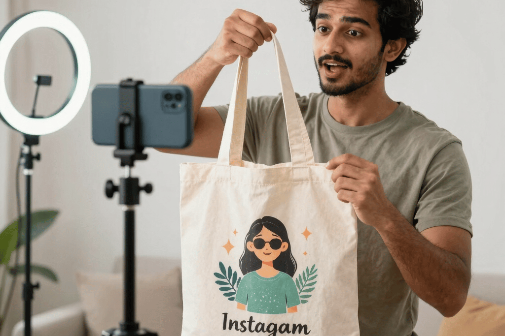 A social media influencer recording a product review of a custom tote bag with a ring light and smartphone.
