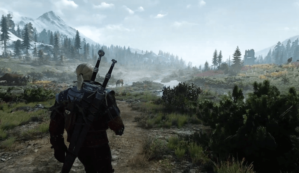 image of geralt walking down the dense and dangerous forest 