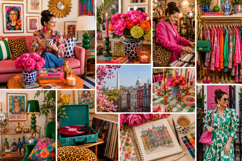 Collage of colorful maximalist home decor, vibrant fashion, and Washington DC city views with eclectic art.