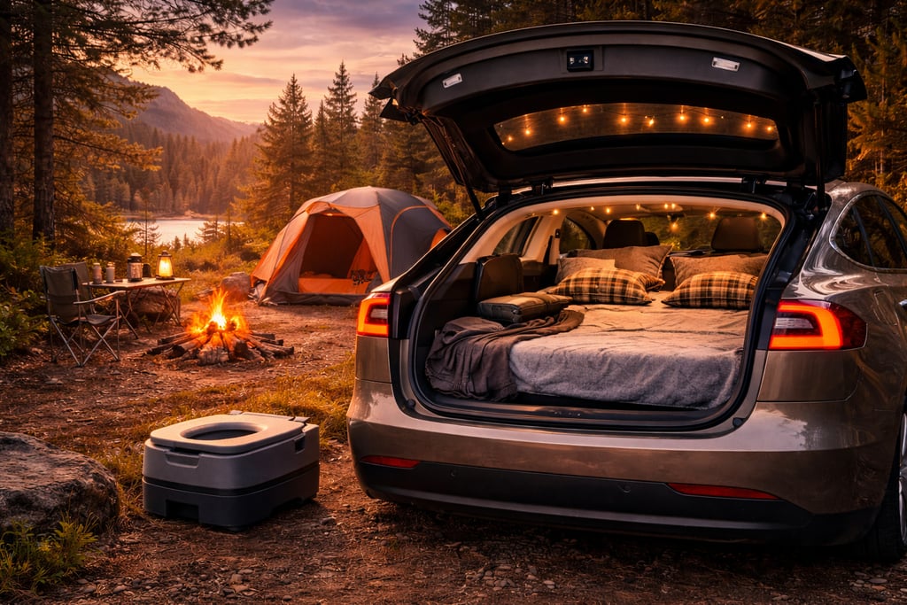 Camping in a Tesla? Discover the portable toilet solution that makes off-grid travel stress-free.